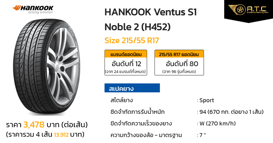 HANKOOK Ventus S1 Noble 2 (H452) 215/55 R17 ราคา ยาง ยางรถยนต์ -  autotirechecking