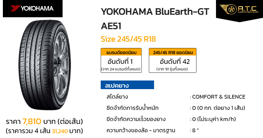 YOKOHAMA BluEarth-GT AE51 245/45 R18 ราคา ยาง ยางรถยนต์ - autotirechecking