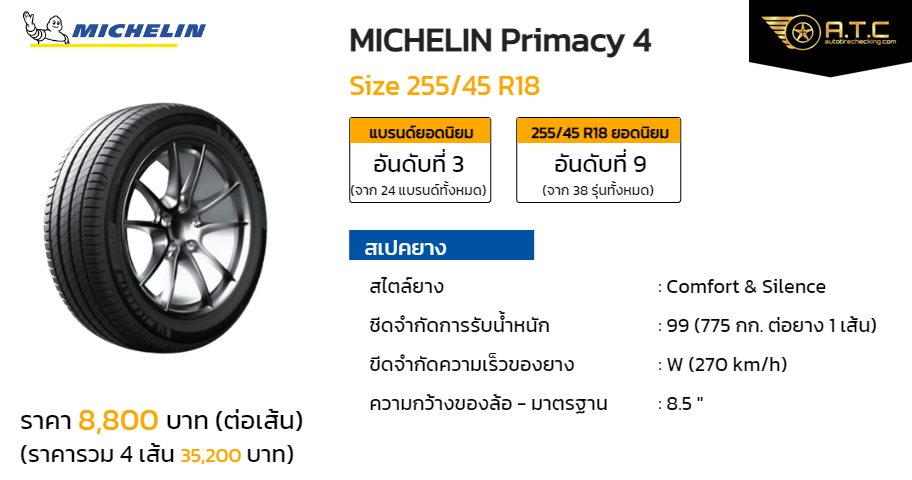 MICHELIN Primacy 4 255/45 R18 ราคา ยาง ยางรถยนต์ - autotirechecking