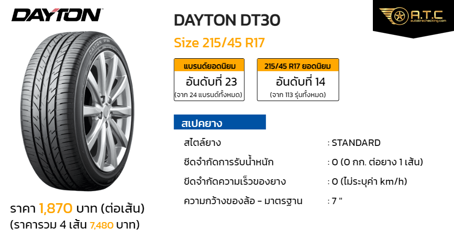 DAYTON DT30 215/45 R17 ราคา ยาง ยางรถยนต์ - autotirechecking