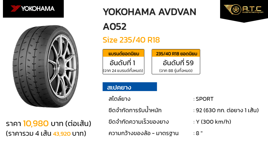 YOKOHAMA AVDVAN A052 235/40 R18 ราคา ยาง ยางรถยนต์ - autotirechecking