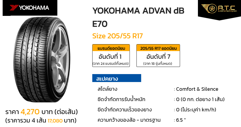 YOKOHAMA ADVAN dB E70 205/55 R17 ราคา ยาง ยางรถยนต์ - autotirechecking