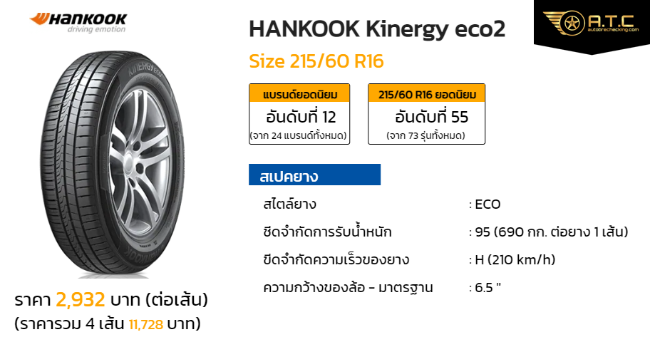 HANKOOK Kinergy eco2 215/60 R16 ราคา ยาง ยางรถยนต์ - autotirechecking