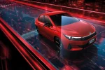 Red Honda City sedan driving on a glass bridge with neon red city lights in the background.