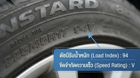 Close-up of tire sidewall displaying size 265/45R17 and load index 94 with speed rating V (Thai labels shown).