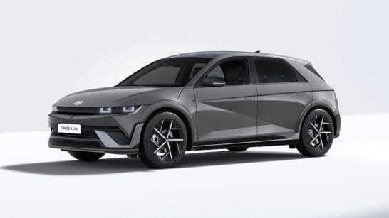 Grey Hyundai Ioniq 5 Line electric crossover shown in a front-three-quarter view on a white studio background.