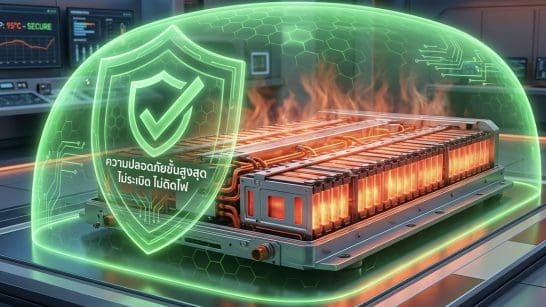 Futuristic high‑capacity battery pack protected by a glowing green shield, signaling security.