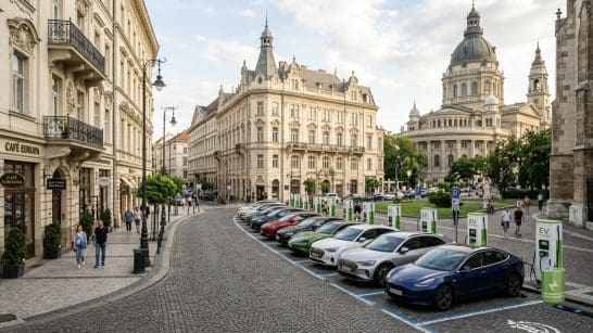 Cobbled city street with historic buildings and a row of electric cars parked at charging stations on the right side, near a café on the left.