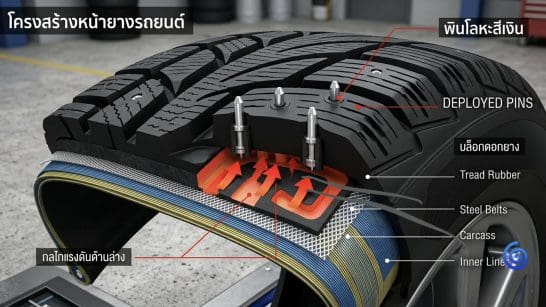 Cross-section of a studded tire showing tread, deployed studs, steel belts, carcass, and inner liner.