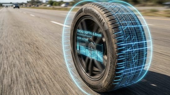 Tire on a highway with a futuristic blue holographic readout showing tread depth 6.8 mm and diagnostic data from the tire sidewall (Continental).
