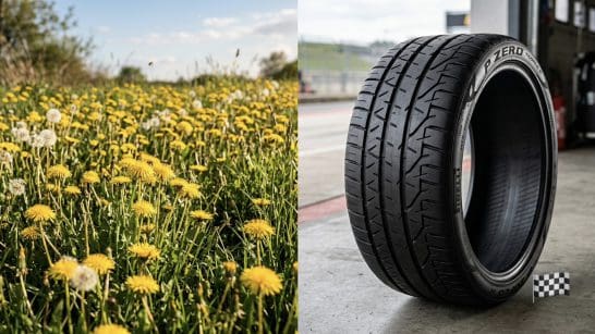 Left: field of yellow dandelions under a blue sky; right: a large tire standing upright in a pit area with a small checkered flag nearby.