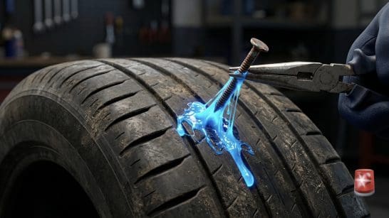 Close-up of a damaged car tire with a nail being removed and blue sealant sealing the puncture.