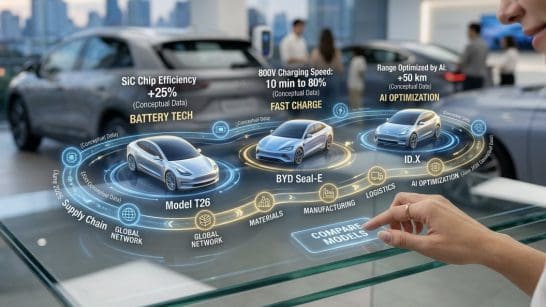 Futuristic holographic display showing three concept cars with AI optimization and battery/tech labels over a glass table with a showroom background.