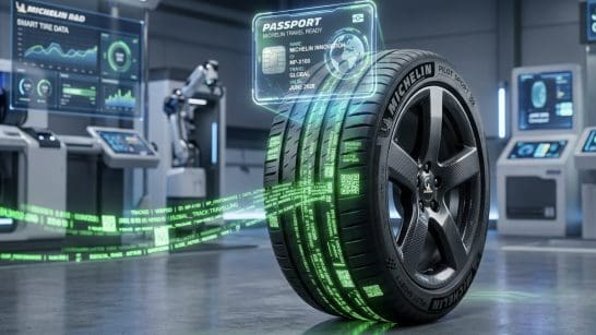 Futuristic lab with a Michelin tire and holographic travel data displays around it, in a high-tech workshop setting.