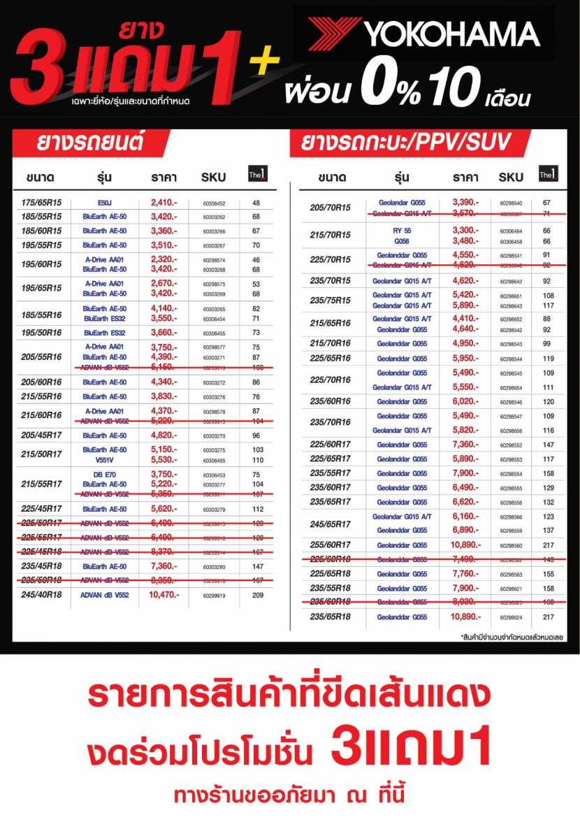 โปรโมชั่น Auto 1 ผ่อนยาง 0% 10 เดือน ยาง YOKOHAMA 3 แถม 1 ถึง 28 มีนาคม 2562