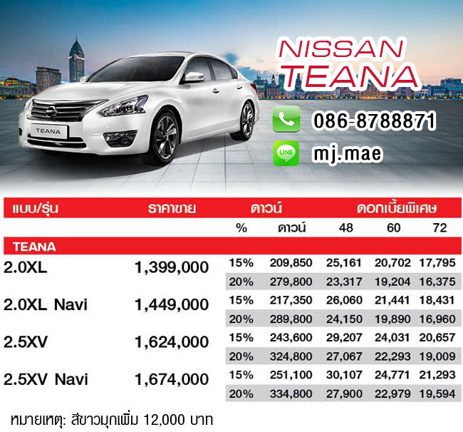 Nissan All New Teana ดอกเบี้ย 0% 5 ปี พร้อมประกันภัยชั้น 1 และของตกแต่งรอบคัน